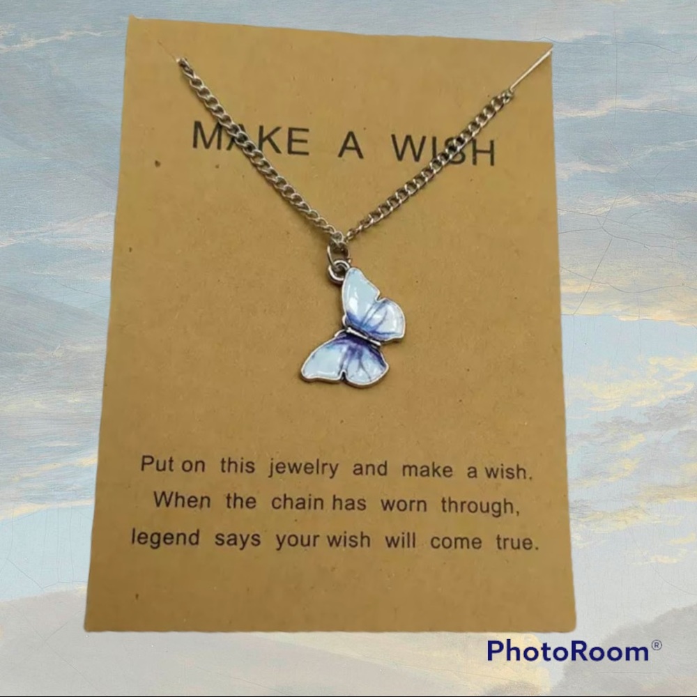 Blue Butterfly Necklace silver chain jewelry w MAKE A WISH card